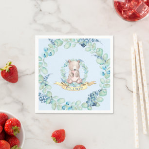 Serviette En Papier Boys Watercolor Blue Teddy Bear Baby shower