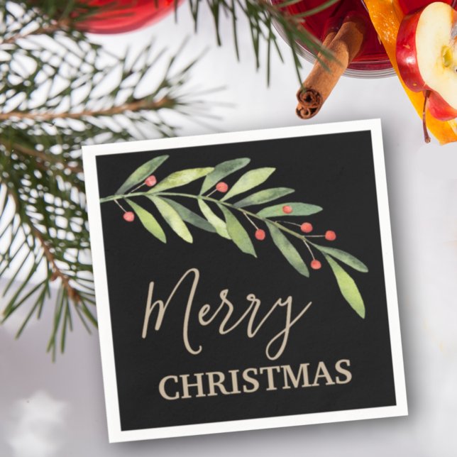 Serviette En Papier Branch and Berries Merry Christmas Black (Créateur téléchargé)