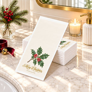 Serviette En Papier Branche de houx et Joyeux Noël en or Script