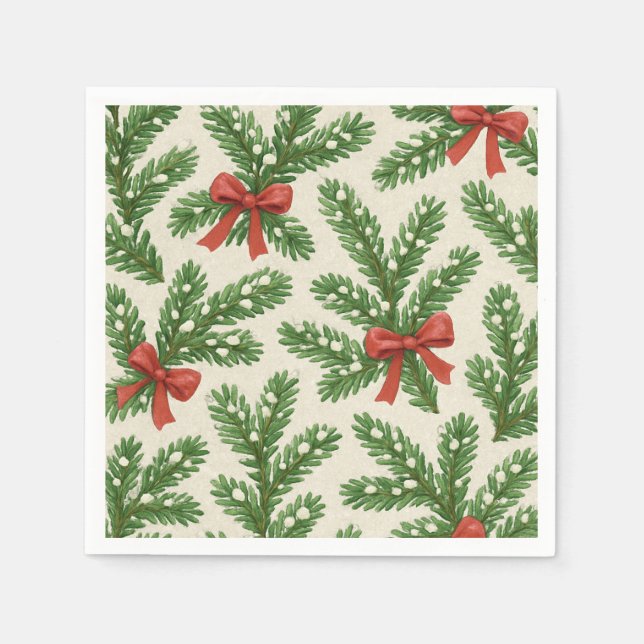 Serviette En Papier Branche Festive sapin et ruban rouge (Devant)