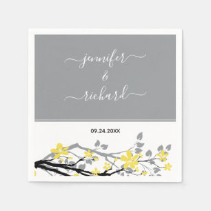 Serviette En Papier Branche gris avec fleurs jaunes, noms mariage
