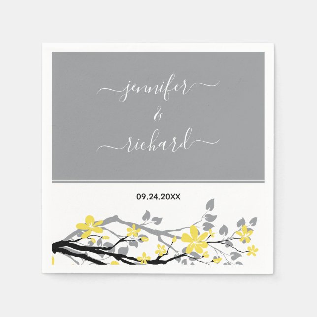 Serviette En Papier Branche gris avec fleurs jaunes, noms mariage (Devant)