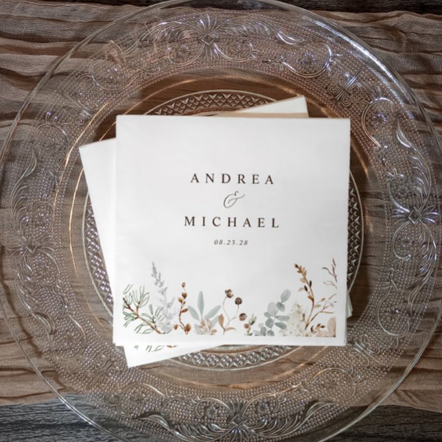 Serviette En Papier Branches de bleu poussiéreux mariage verdure (Dusty blue greenery fall winter watercolor wedding napkins)