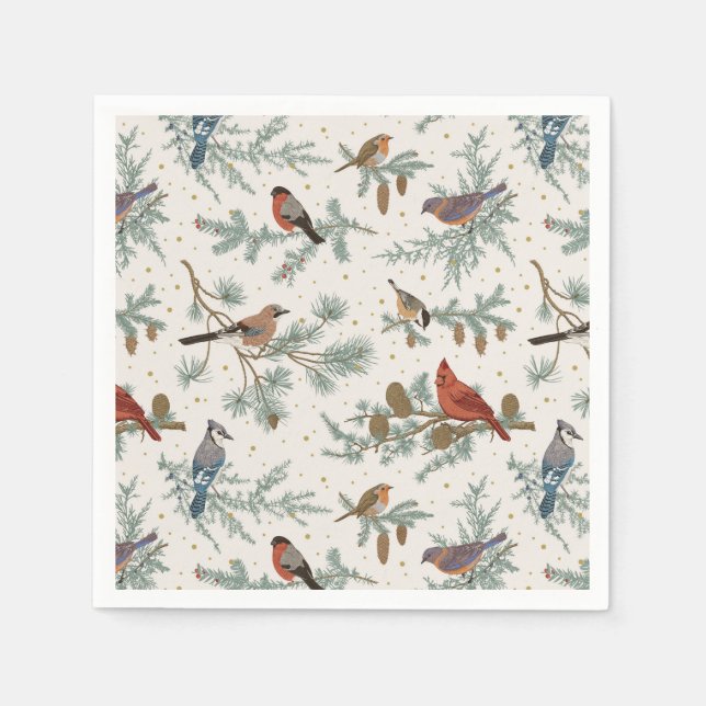 Serviette En Papier Branches d'oiseaux et de pins d'hiver Motif (Devant)