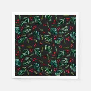 Serviette En Papier Branches et baies d'arbres de Noël - noir