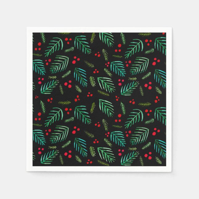 Serviette En Papier Branches et baies d'arbres de Noël - noir (Devant)