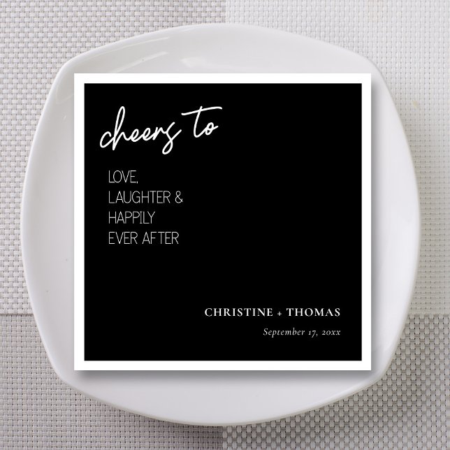 Serviette En Papier Bravo à l'heureux couple ! Mariage (Black & white Cheers to Love Laughter and Happily Ever After wedding napkins with personalized name)