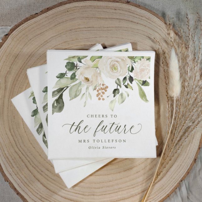 Serviette En Papier Bridal Shower Garden Sage Green Floral Elegant (Sage green bridal shower napkins with watercolor floral greenery and “cheers to the future Mrs.”)
