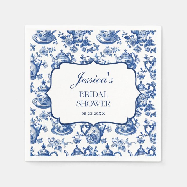 Serviette En Papier Bridal Shower Tea Party Blue White Chinoiserie (Devant)