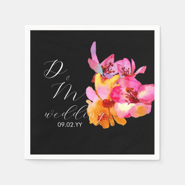 Serviette En Papier Bright Floral Aquarelle Monogramme Mariage noir (Devant)