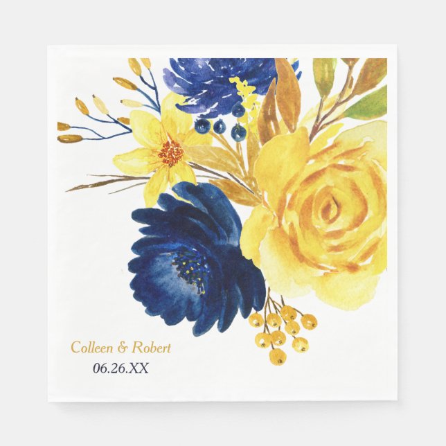 Serviette En Papier Bright Gold Navy Blue Floral Mariage (Devant)