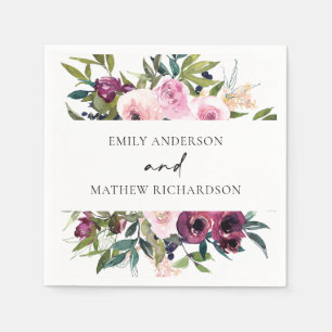SERVIETTE EN PAPIER BRILLANT BOHO BLUSH BURGUNDY FLORAL BUNCH MARIAGE