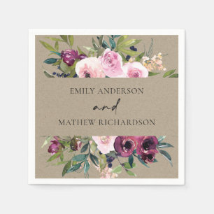 SERVIETTE EN PAPIER BRILLANT KRAFT BLUSH BURGUNDY FLORAL BUNCH MARIAGE