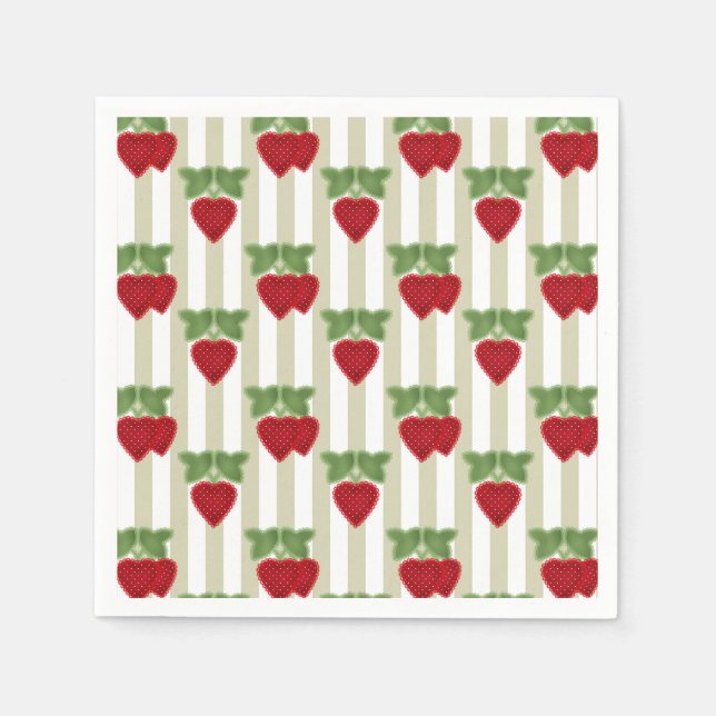 Serviette En Papier Broderie fraise sur fond rayé rétro  (Devant)