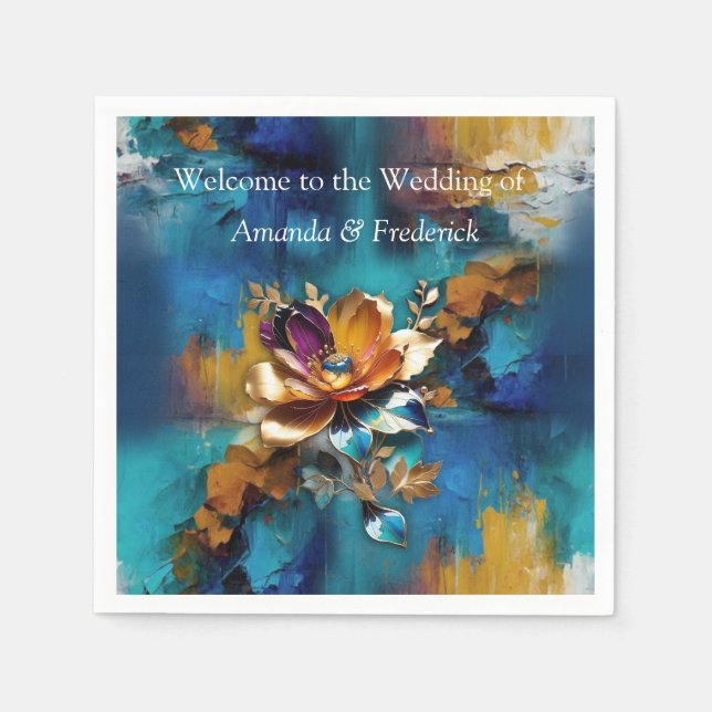 Serviette En Papier bronze Abstrait, style baroque bleu or (Devant)