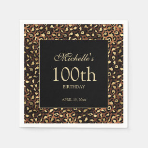Serviette En Papier Bronze Or Noir Tacheté de Léopard Anniversaire 100