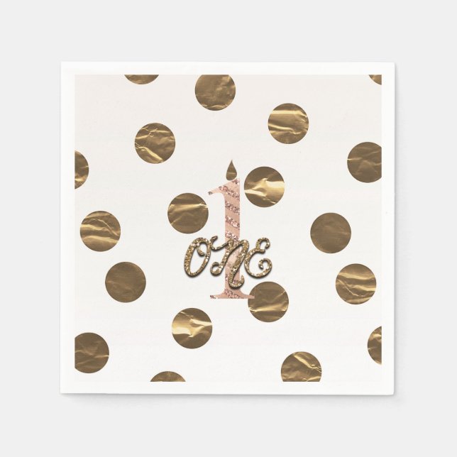 Serviette En Papier Bronze Pois Rose Or ONE 1 1er anniversaire (Devant)
