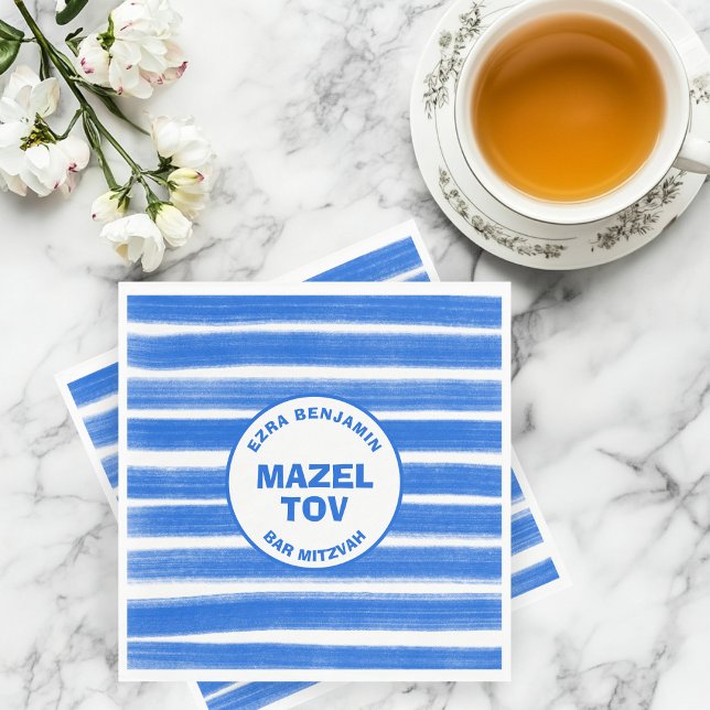 Serviette En Papier Brosse Bleu Bat mitzvah de la barre personnalisée (Brushstrokes Stripes Blue Custom Bar Bat Mitzvah MAZEL TOV Napkins
)