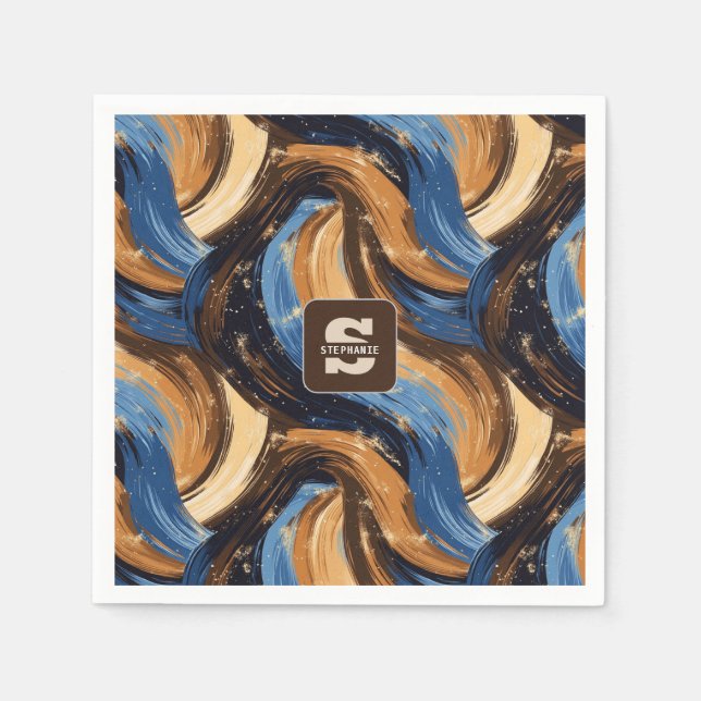 Serviette En Papier Brosses Abstraites en bleu et Brown (Devant)