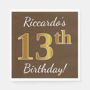 Serviette En Papier Brown, Faux Gold 13e anniversaire + Nom personnali