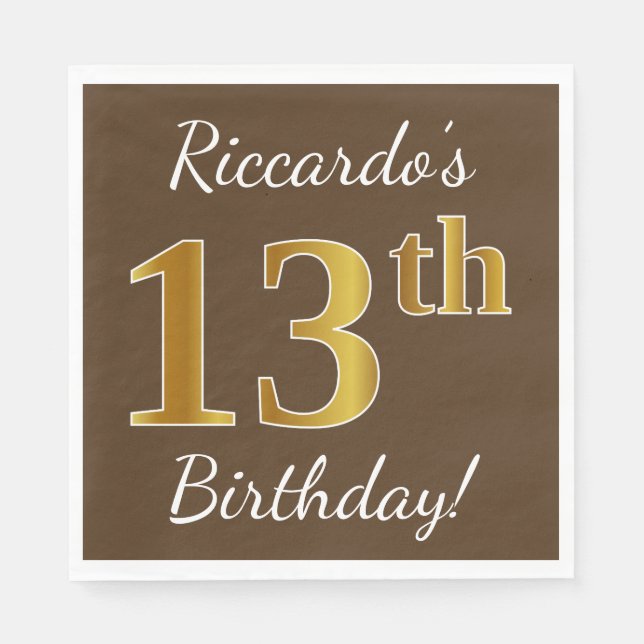 Serviette En Papier Brown, Faux Gold 13e anniversaire + Nom personnali (Devant)