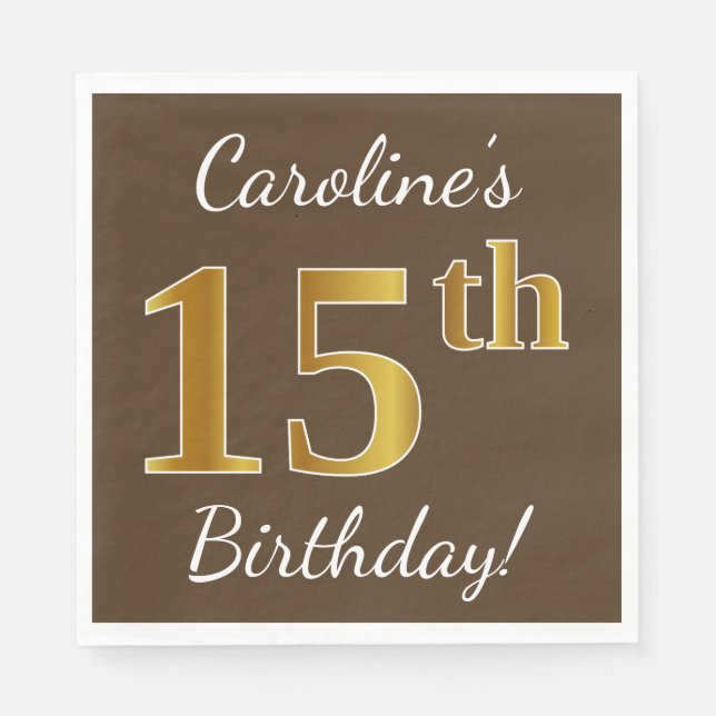 Serviette En Papier Brown, Faux Gold 15e anniversaire + Nom personnali (Devant)