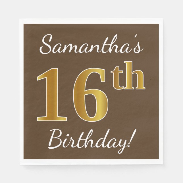 Serviette En Papier Brown, Faux Gold 16e anniversaire + Nom personnali (Devant)