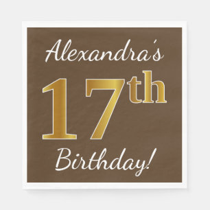 Serviette En Papier Brown, Faux Gold 17e anniversaire + Nom personnali