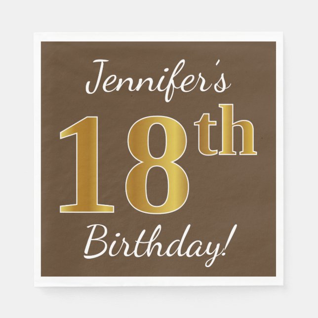 Serviette En Papier Brown, Faux Gold 18e anniversaire + Nom personnali (Devant)