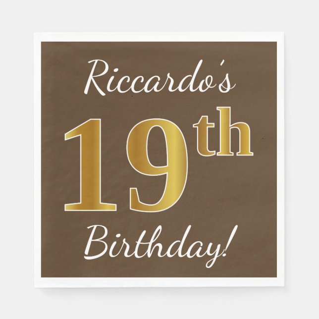 Serviette En Papier Brown, Faux Gold 19e anniversaire + Nom personnali (Devant)