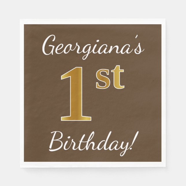 Serviette En Papier Brown, Faux Gold 1er anniversaire + Nom personnali (Devant)