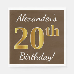 Serviette En Papier Brown, Faux Gold 20e anniversaire + Nom personnali