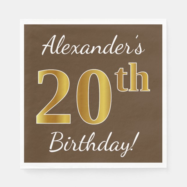 Serviette En Papier Brown, Faux Gold 20e anniversaire + Nom personnali (Devant)
