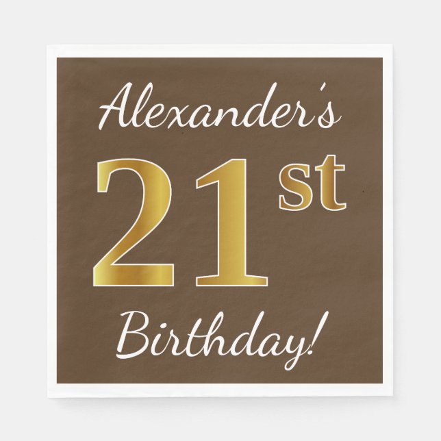Serviette En Papier Brown, Faux Gold 21e anniversaire + Nom personnali (Devant)