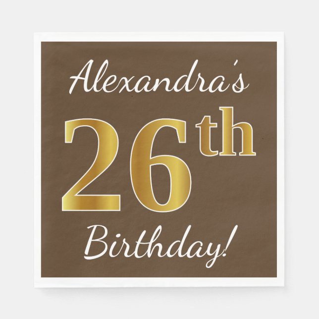 Serviette En Papier Brown, Faux Gold 26e anniversaire + Nom personnali (Devant)