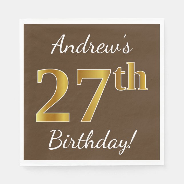 Serviette En Papier Brown, Faux Gold 27e anniversaire + Nom personnali (Devant)