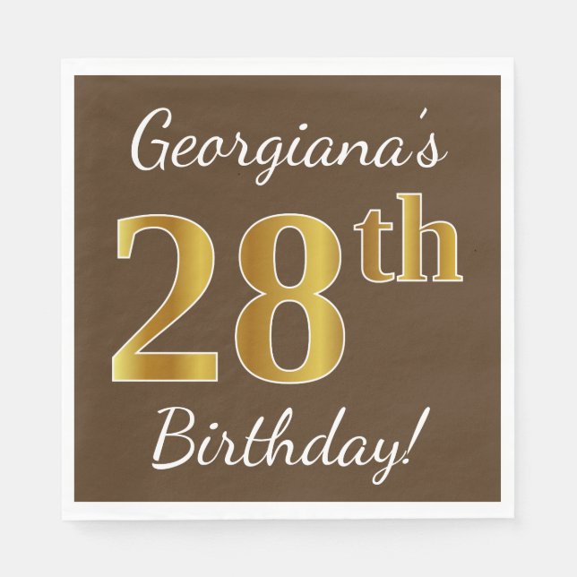 Serviette En Papier Brown, Faux Gold 28e anniversaire + Nom personnali (Devant)