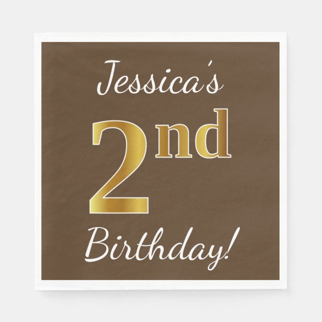 Serviette En Papier Brown, Faux Gold 2e anniversaire + Nom personnalis (Devant)
