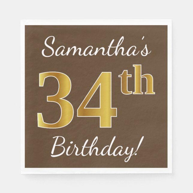 Serviette En Papier Brown, Faux Gold 34e anniversaire + Nom personnali (Devant)