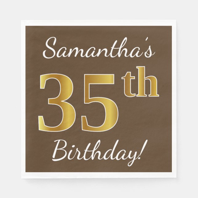 Serviette En Papier Brown, Faux Gold 35e anniversaire + Nom personnali (Devant)