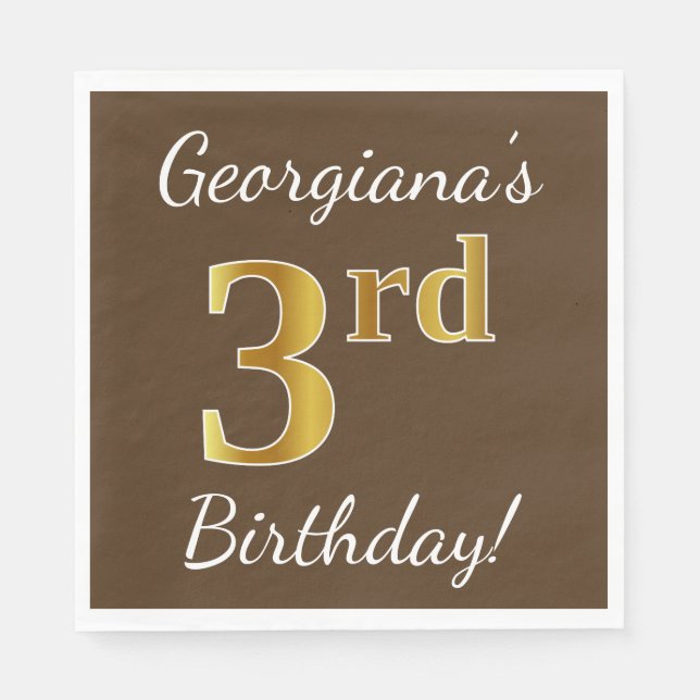 Serviette En Papier Brown, Faux Gold 3ème anniversaire + Nom personnal (Devant)