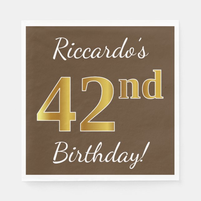 Serviette En Papier Brown, Faux Gold 42e anniversaire + Nom personnali (Devant)