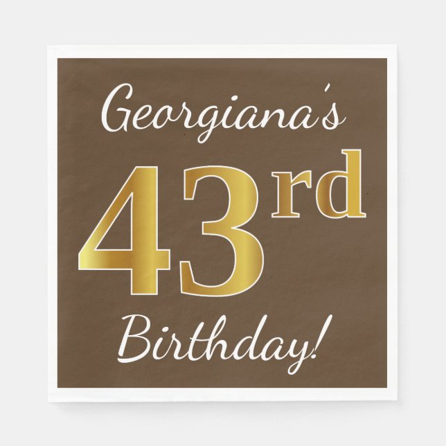 Serviette En Papier Brown, Faux Gold 43ème anniversaire + Nom personna (Devant)