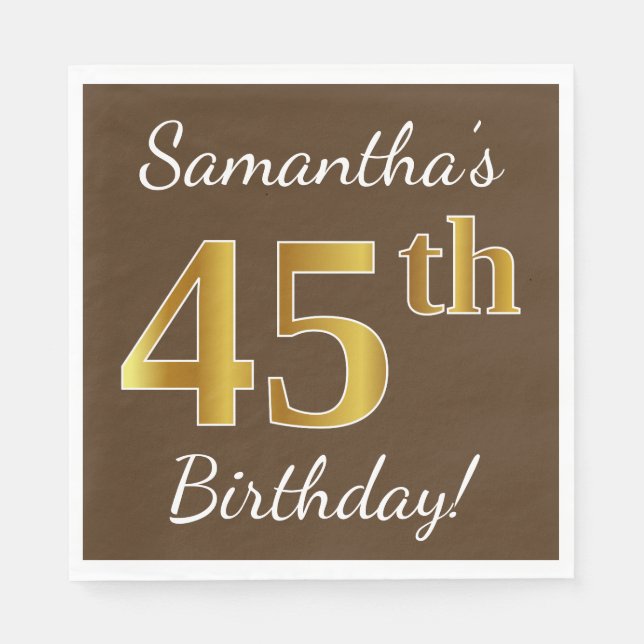Serviette En Papier Brown, Faux Gold 45e anniversaire + Nom personnali (Devant)
