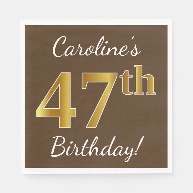 Serviette En Papier Brown, Faux Gold 47e anniversaire + Nom personnali (Devant)