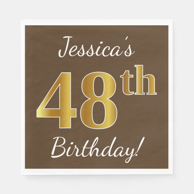 Serviette En Papier Brown, Faux Gold 48e anniversaire + Nom personnali (Devant)