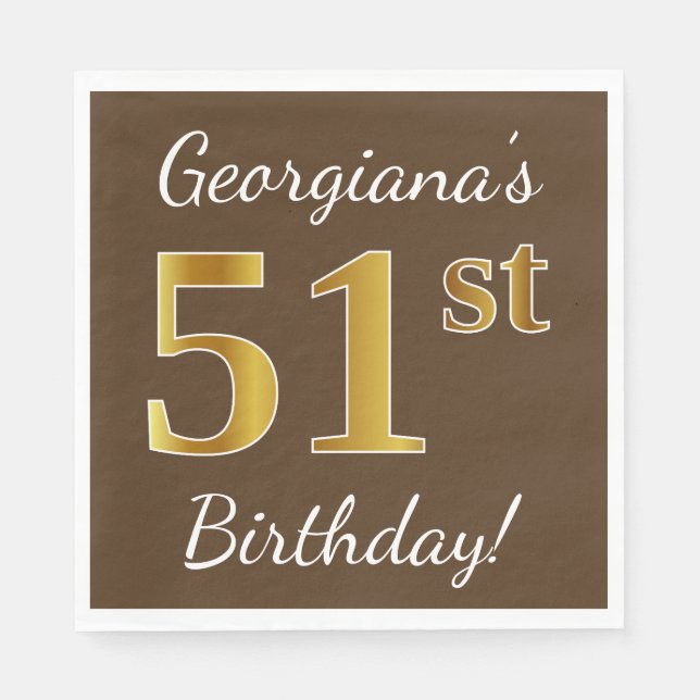 Serviette En Papier Brown, Faux Gold 51e anniversaire + Nom personnali (Devant)