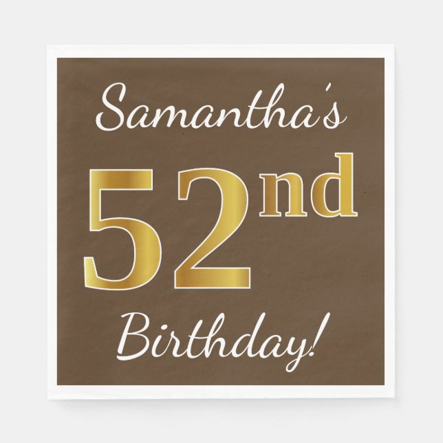 Serviette En Papier Brown, Faux Gold 52e anniversaire + Nom personnali (Devant)