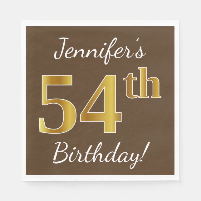 Serviette En Papier Brown, Faux Gold 54e anniversaire + Nom personnali (Devant)