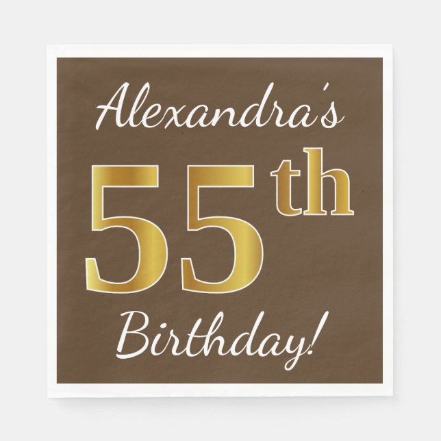 Serviette En Papier Brown, Faux Gold 55e anniversaire + Nom personnali (Devant)